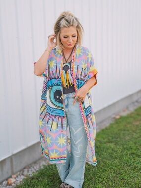 Pastel Eye-Print Kimono in Multi Colors